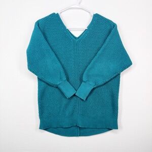 LOFT Teal Textured V Neck 100% Cotton Sweater Women's Size S Cozy Chunky